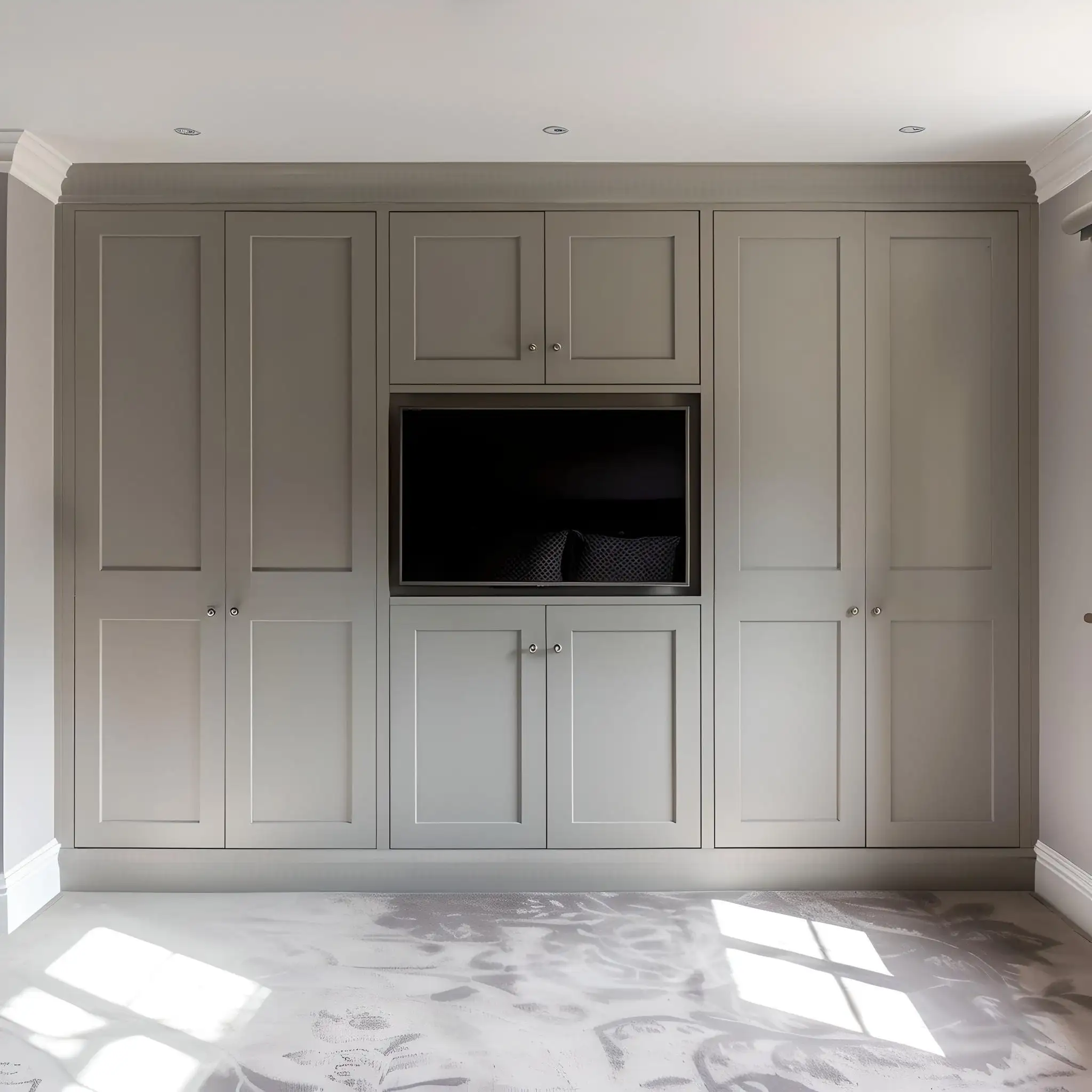 Fitted wardrobe with TV built-in to the centre hiding chimney breast