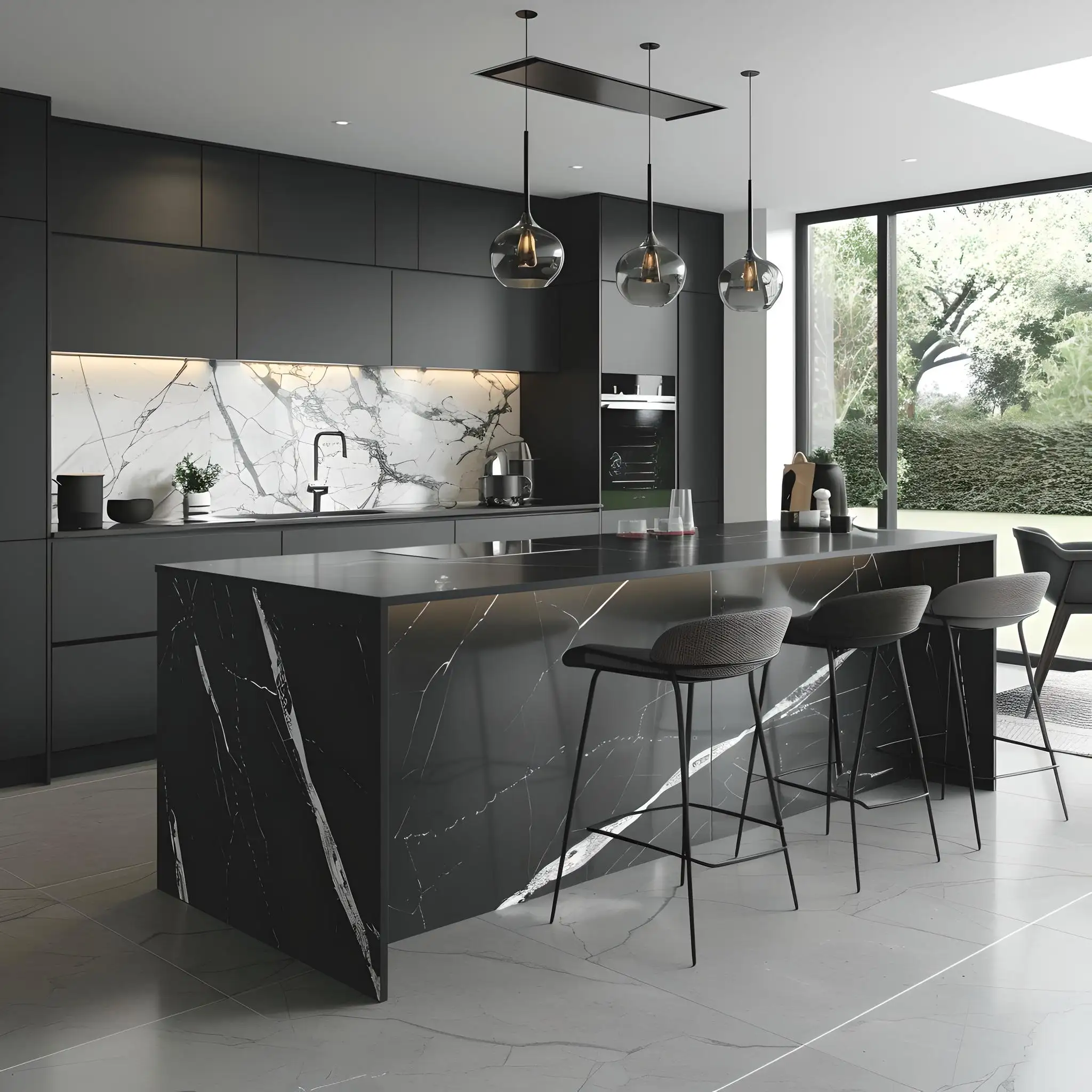 Dramatic black kitchen with marble tops and black stools