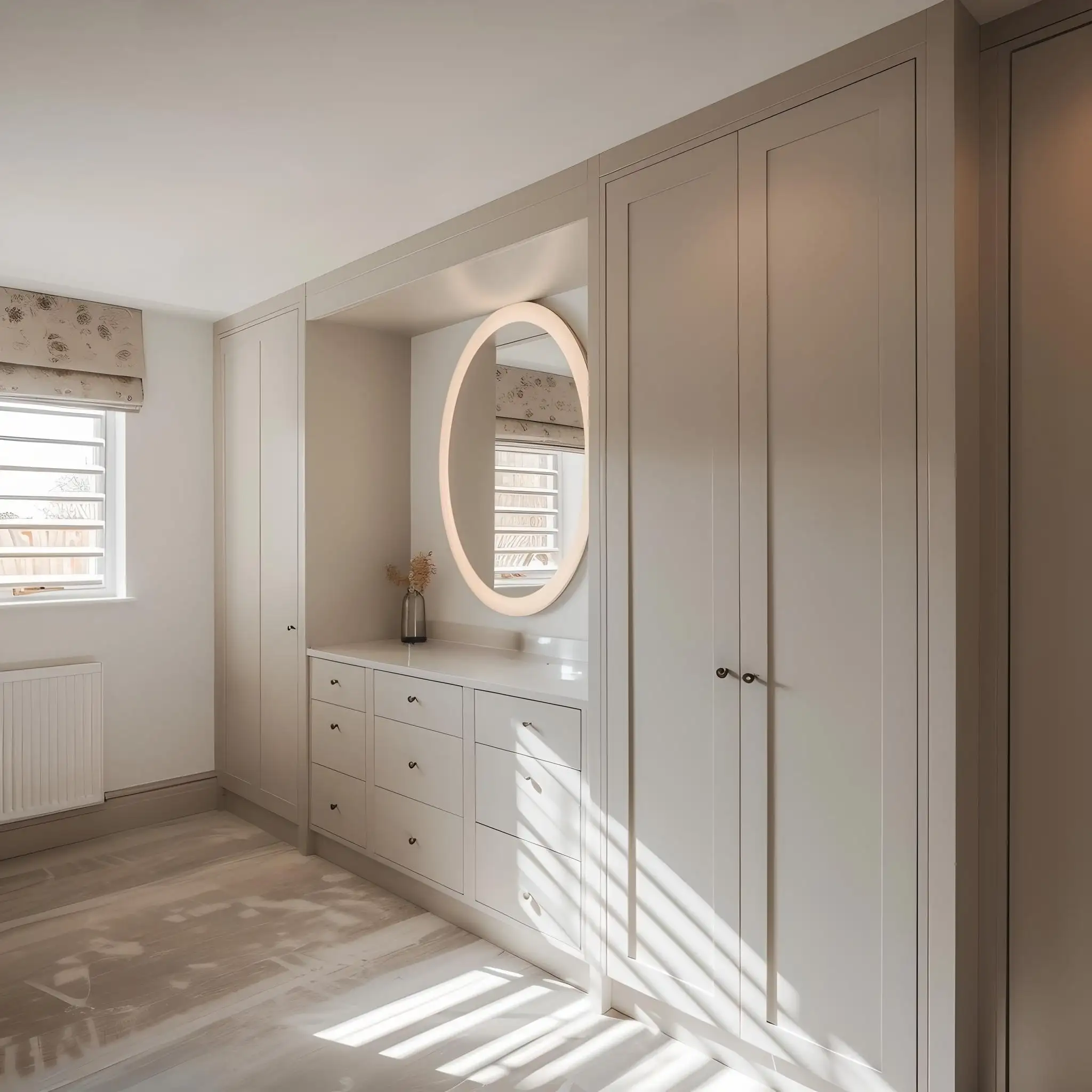 Elegant vanity unit built into the centre of the fitted wardrobe
